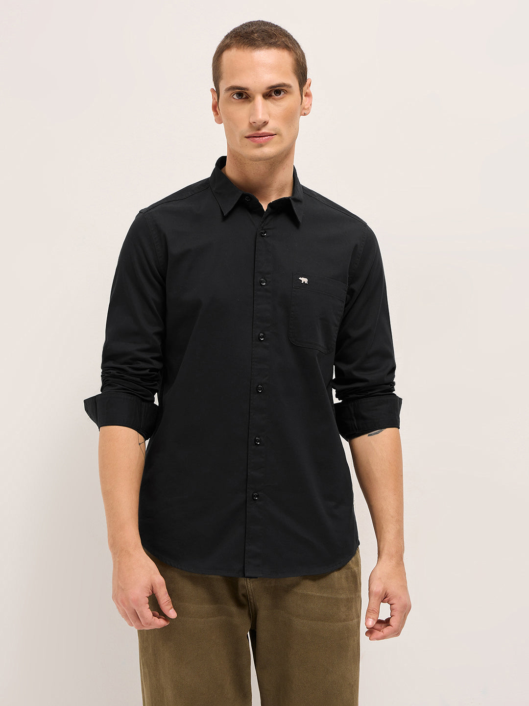 Men Black Cotton Solid Slim Fit Casual Shirt