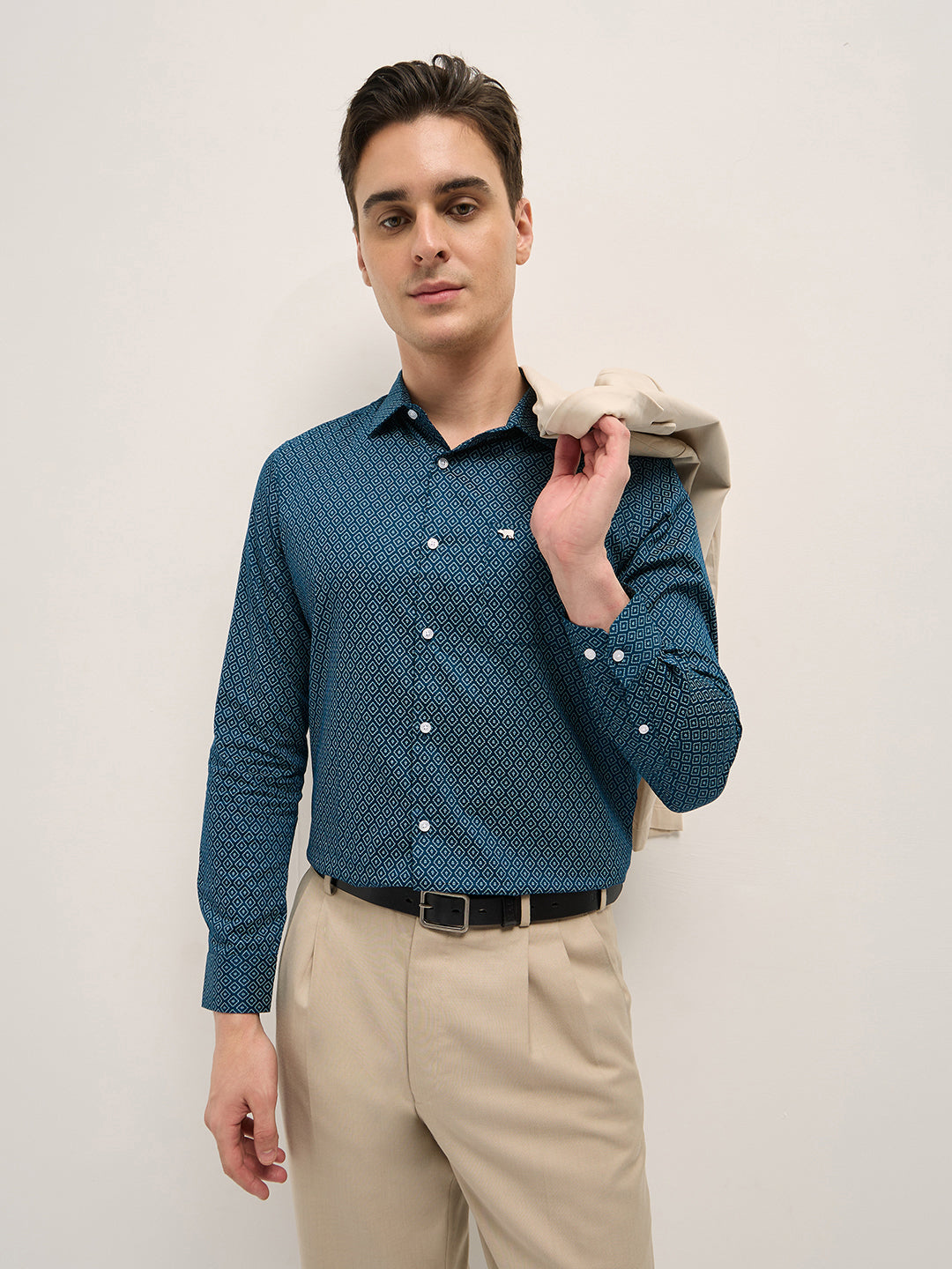 Men Teal Blue Geometric Printed Tailored Fit Formal Shirt