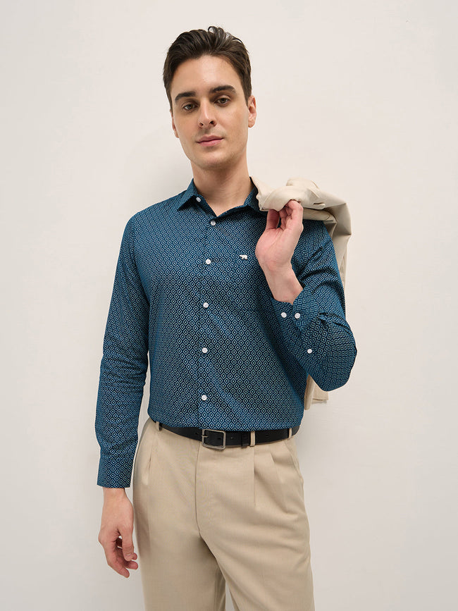 Men Teal Blue Geometric Printed Tailored Fit Formal Shirt