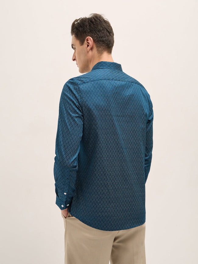 Men Teal Blue Geometric Printed Tailored Fit Formal Shirt
