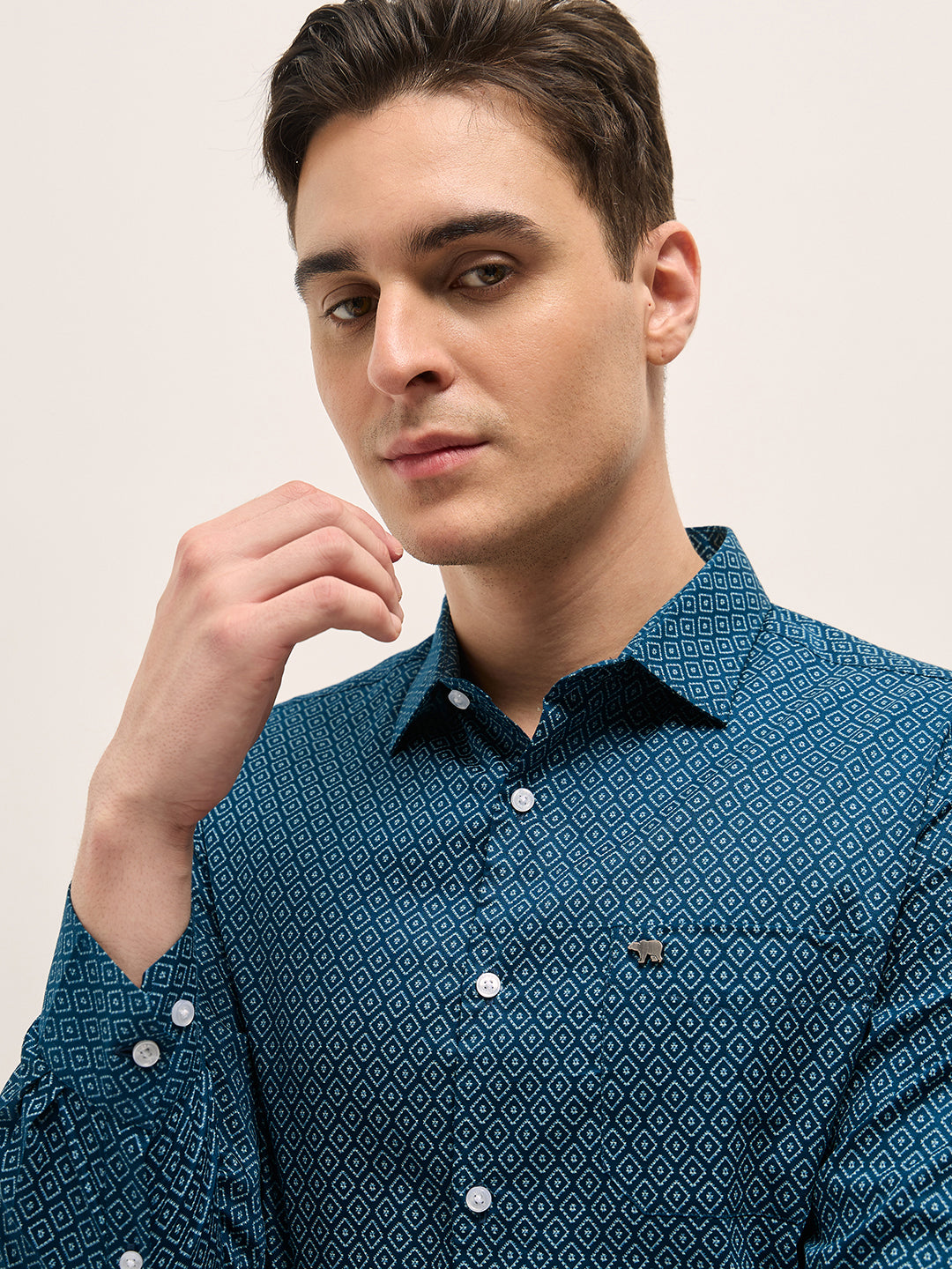 Men Teal Blue Geometric Printed Tailored Fit Formal Shirt