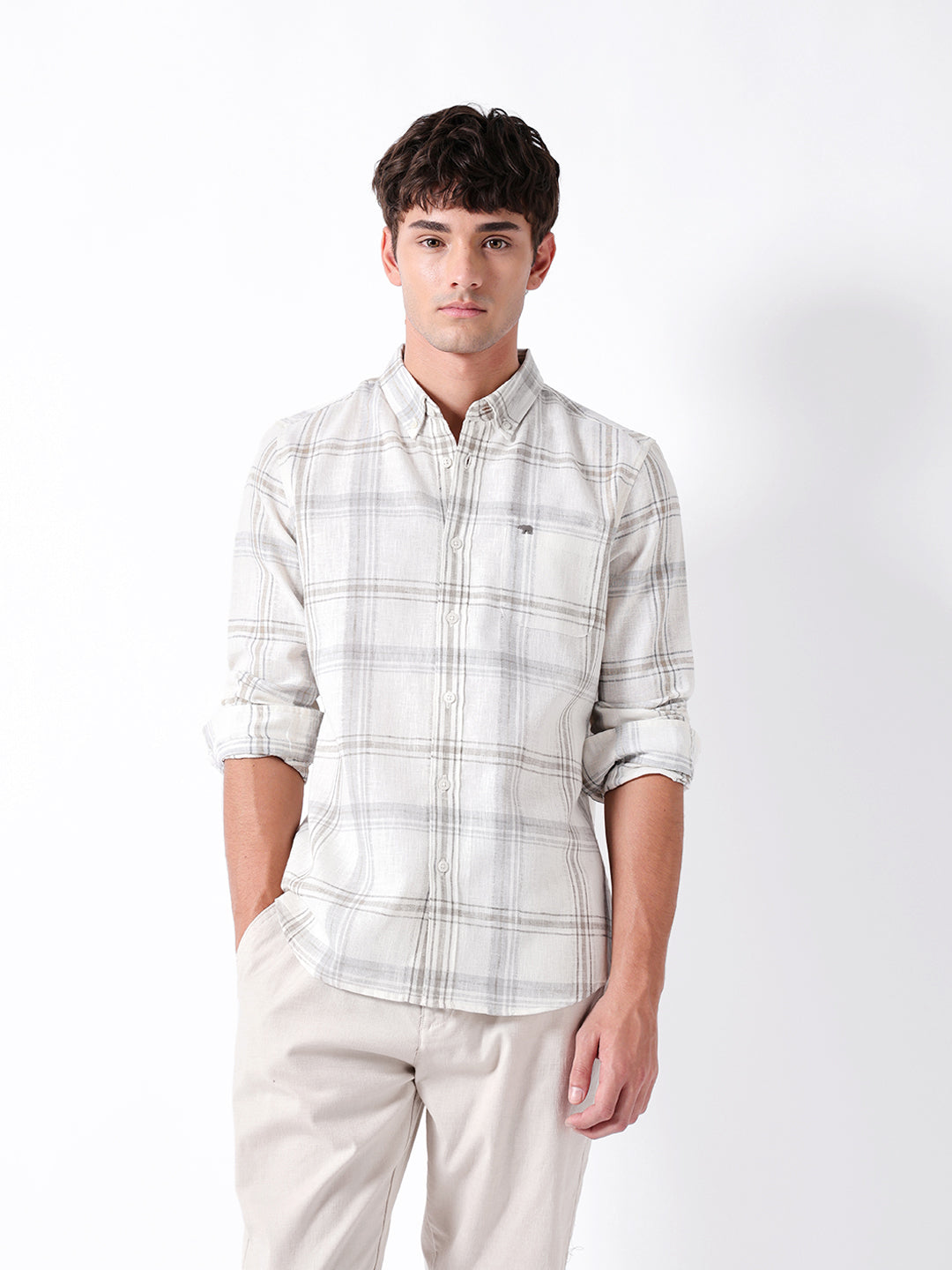 Men Cream Checked Shirt