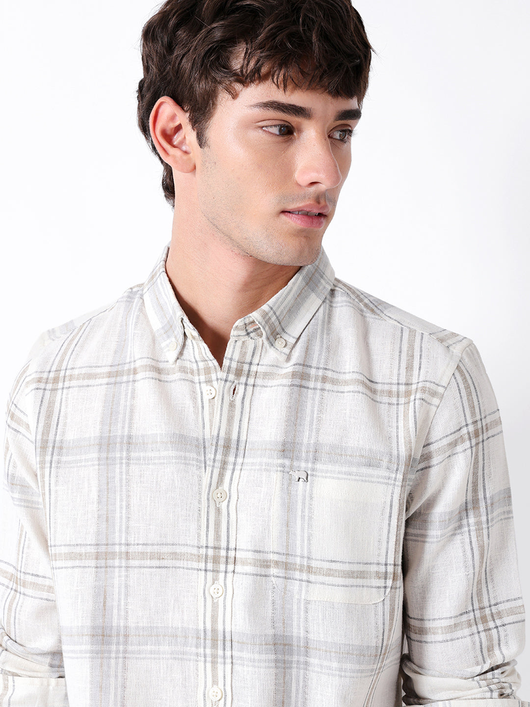 Men Cream Checked Shirt