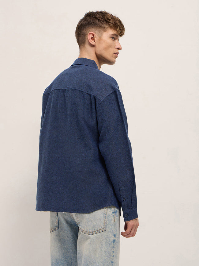 Men Blue Solid Polyester Blend Relaxed Fit Overshirt