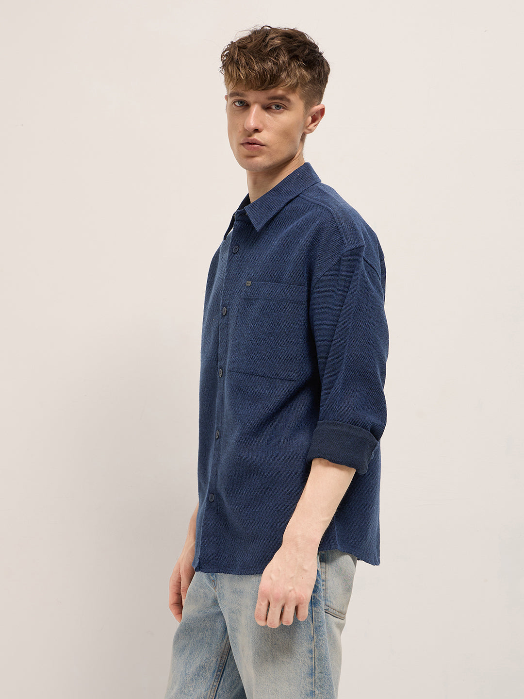 Men Blue Solid Polyester Blend Relaxed Fit Overshirt