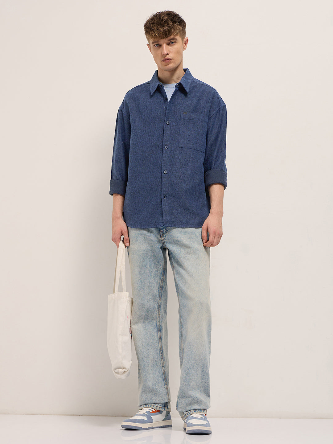 Men Blue Solid Polyester Blend Relaxed Fit Overshirt