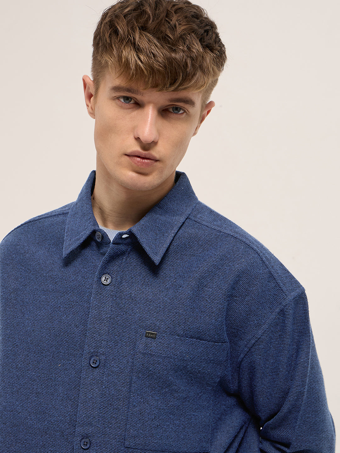 Men Blue Solid Polyester Blend Relaxed Fit Overshirt