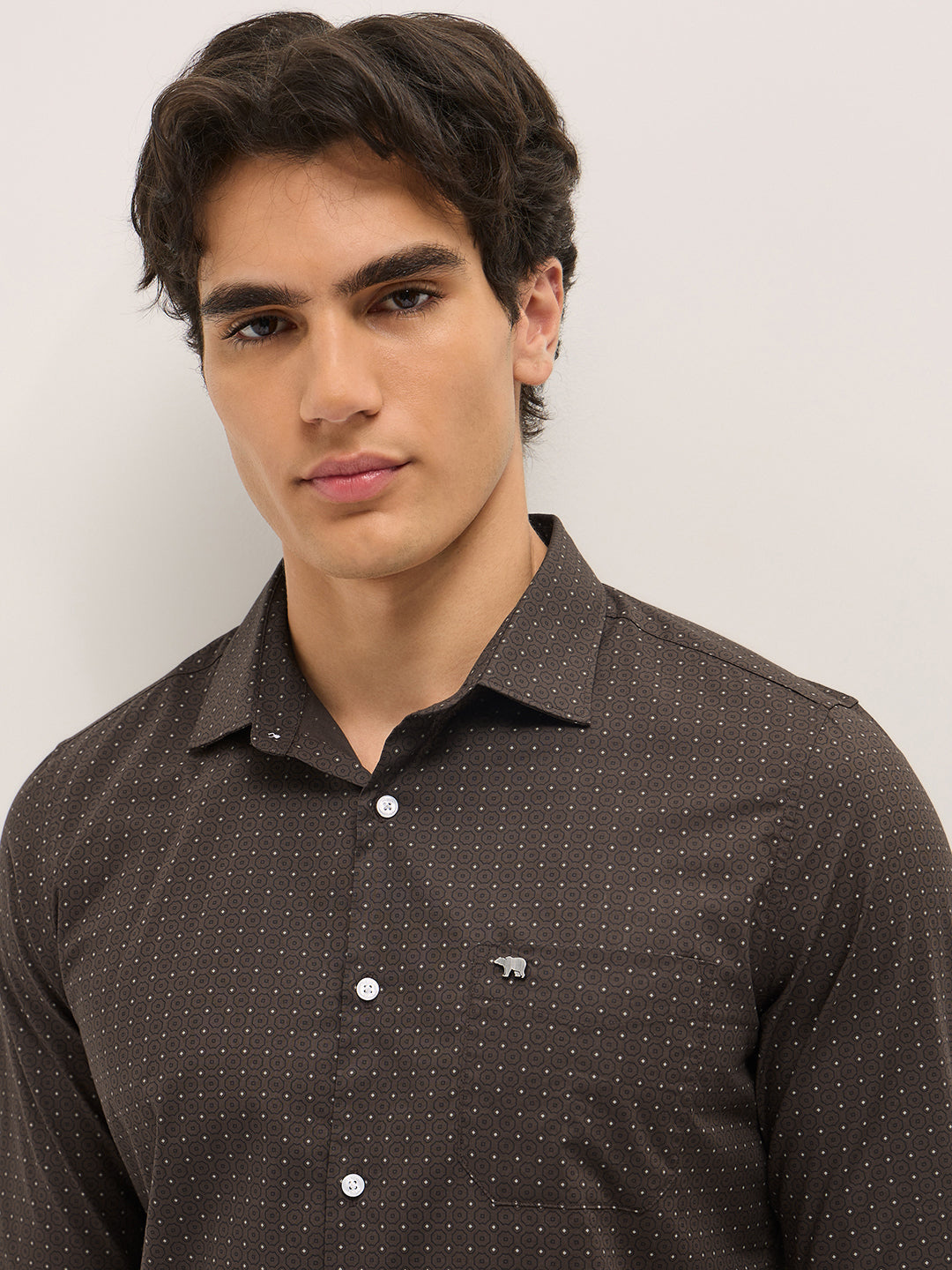 Men Brown Geometric Printed Tailored Fit Formal Shirt
