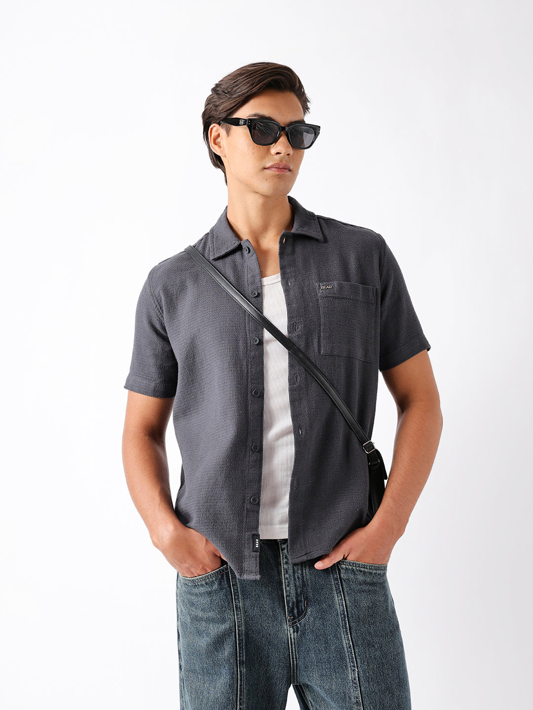 Men Grey Cotton Textured Shirt