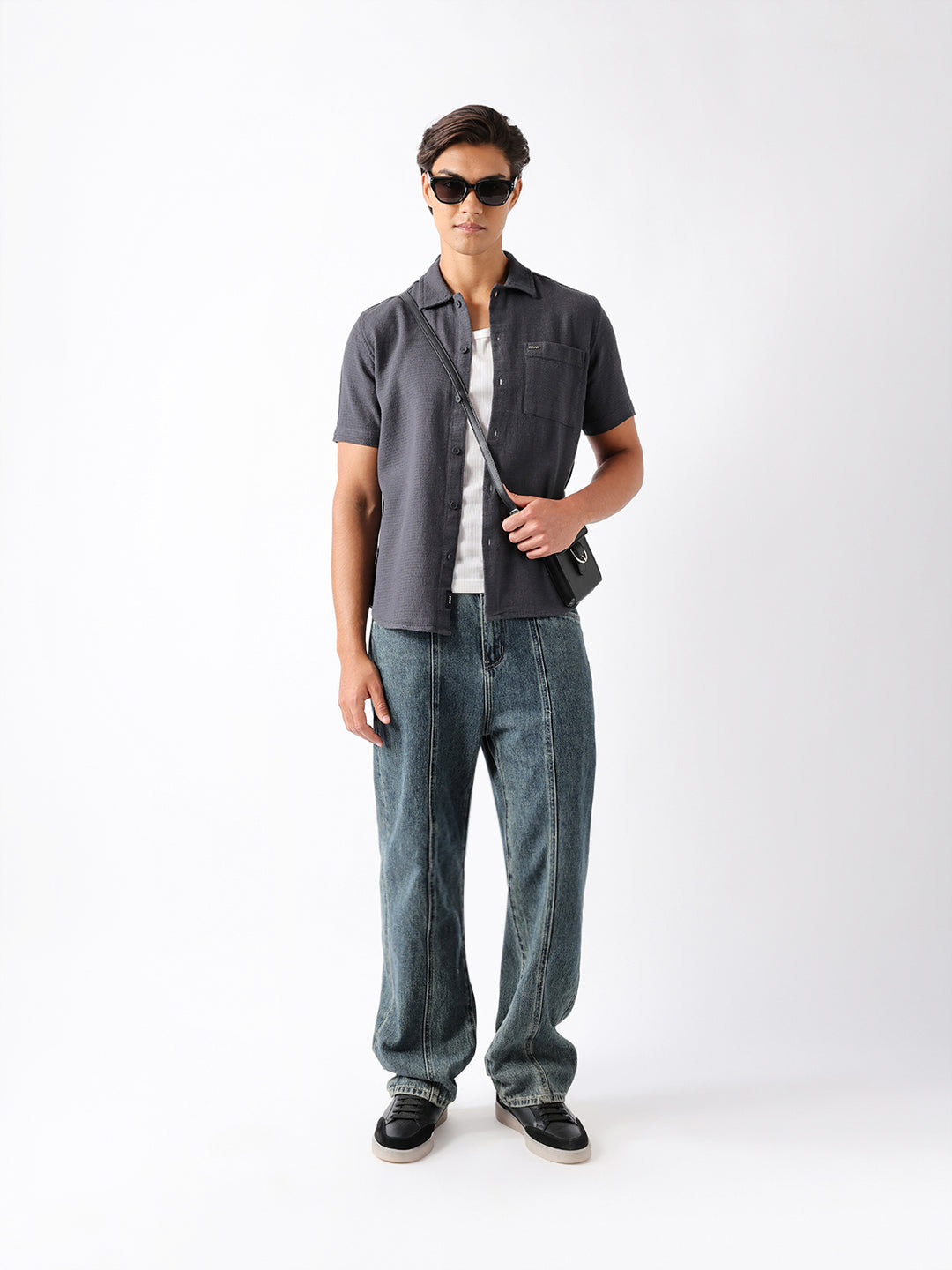 Men Grey Cotton Textured Shirt