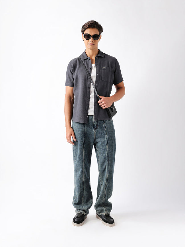 Men Grey Cotton Textured Shirt