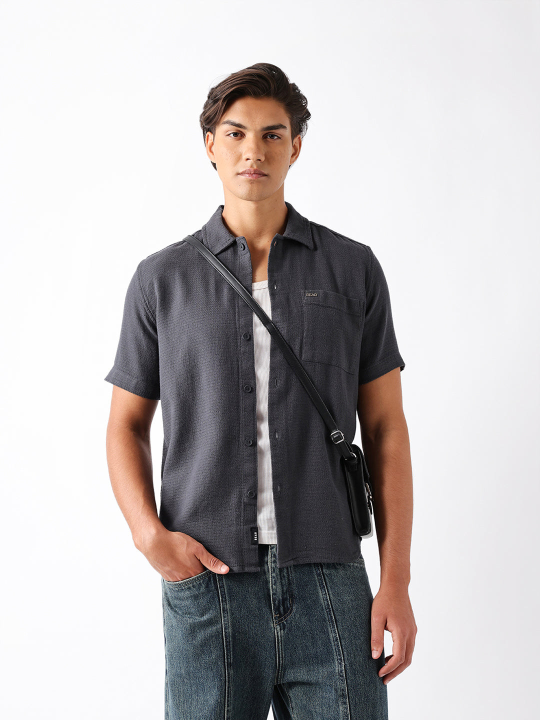 Men Grey Cotton Textured Shirt