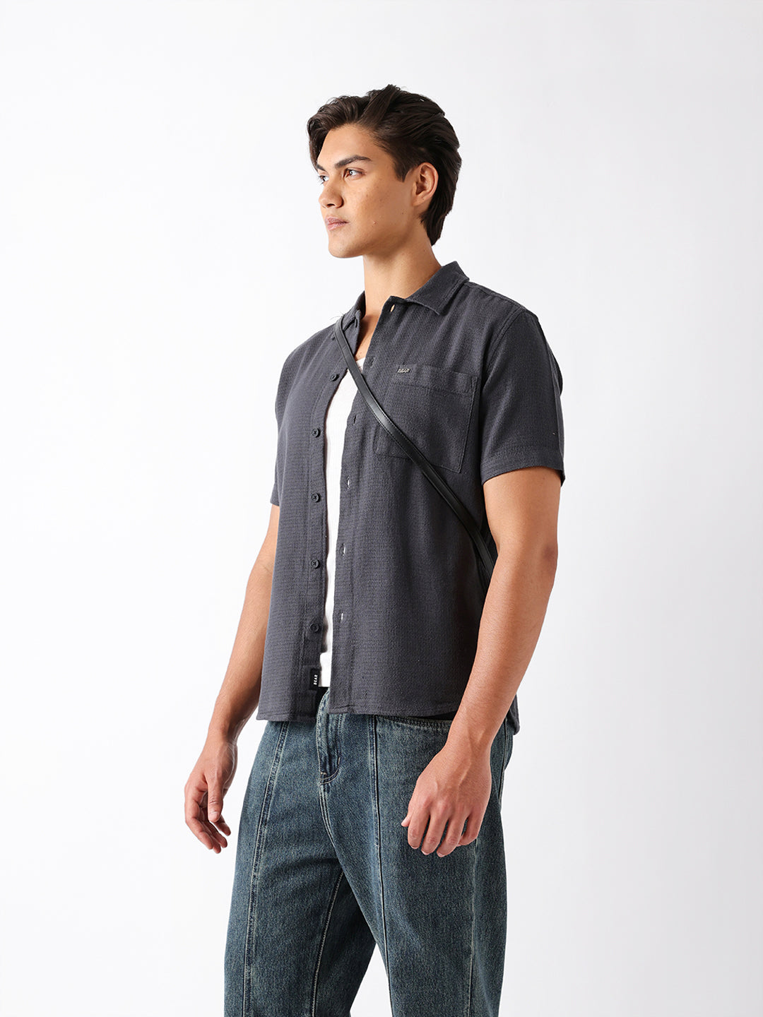 Men Grey Cotton Textured Shirt