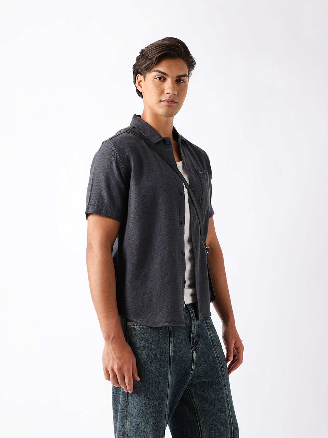 Men Grey Cotton Textured Shirt