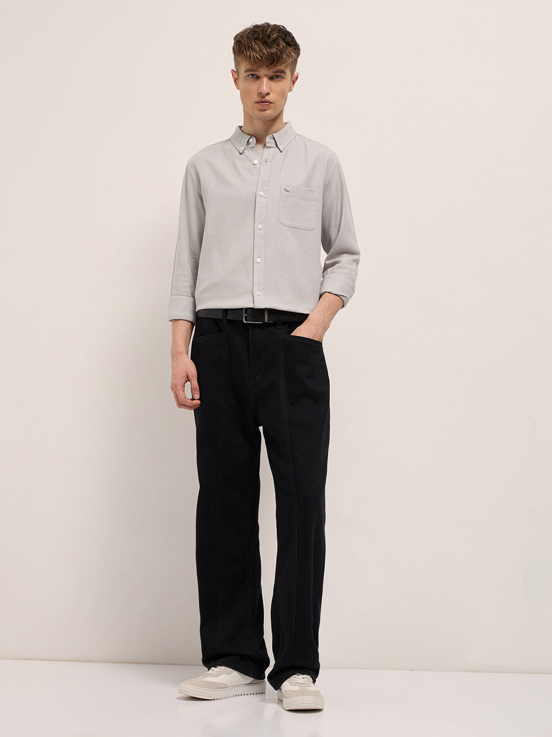Men Grey Solid Slim Fit Cotton Casual Shirt