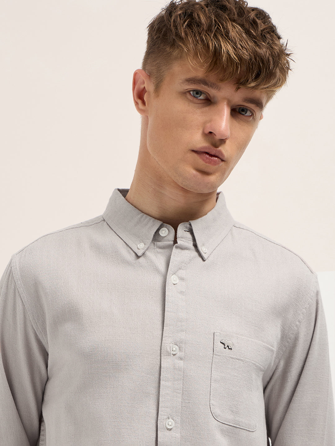 Men Grey Solid Slim Fit Cotton Casual Shirt