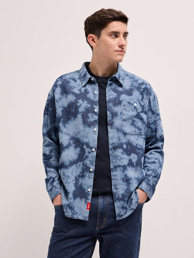 Men Blue Acid Wash Relaxed Fit Overshirt