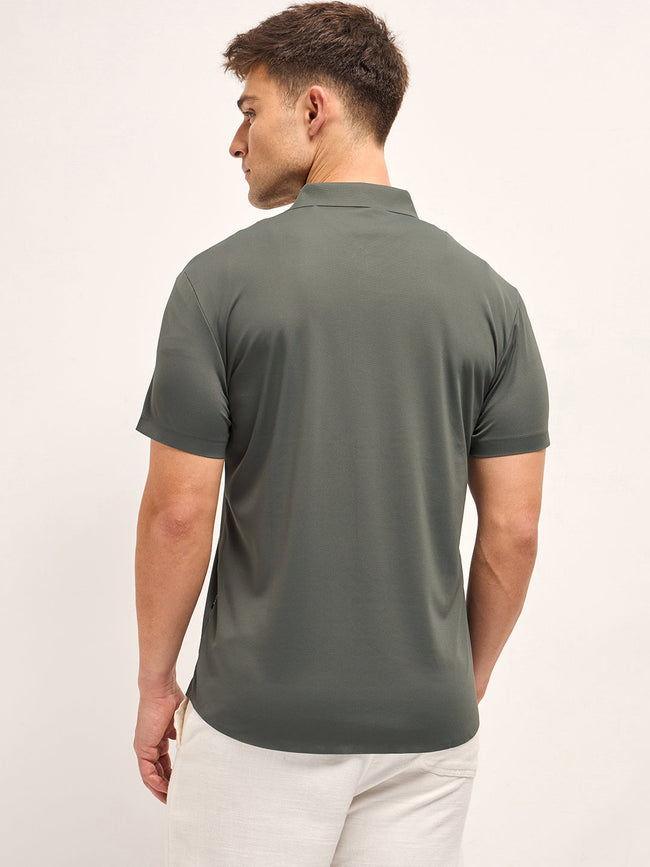 Men Army green Solid Nylon Blend Classic Spread Collar Shirt