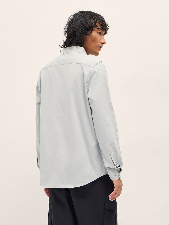 Men Light Grey Cotton Blend Solid Slim Fit Casual Shirt