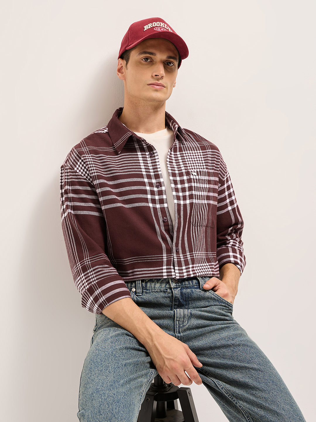 Men Maroon Tartan Checked Design Relaxed Fit Overshirt