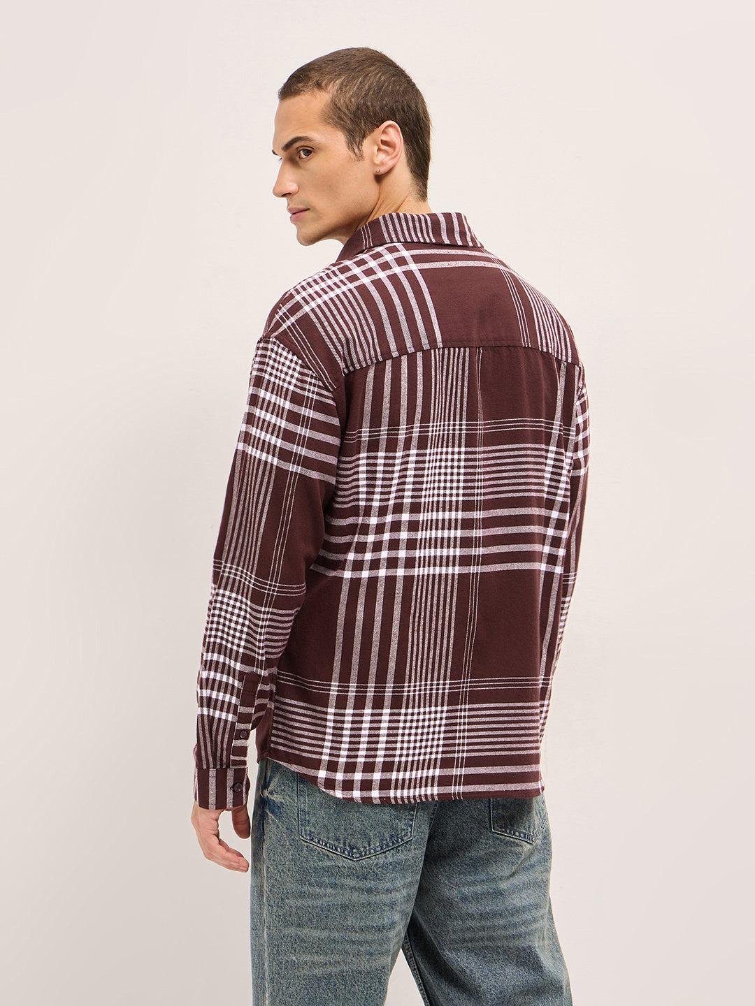 Men Maroon Tartan Checked Design Relaxed Fit Overshirt