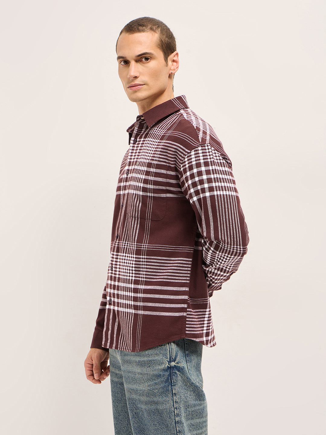 Men Maroon Tartan Checked Design Relaxed Fit Overshirt