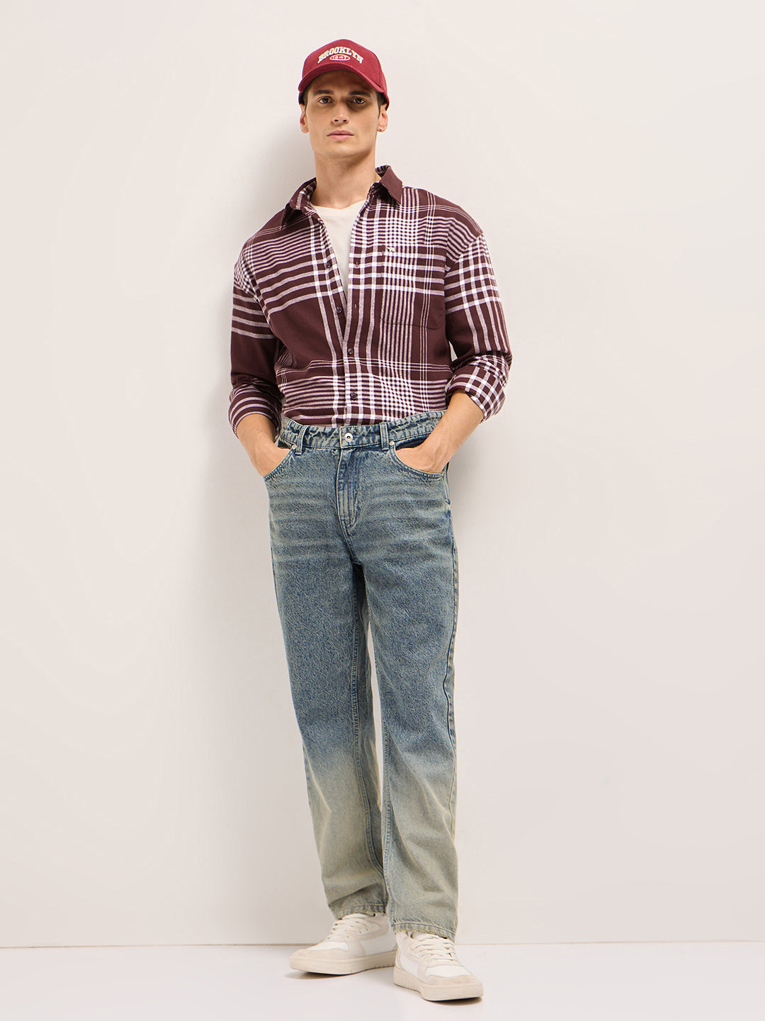 Men Maroon Tartan Checked Design Relaxed Fit Overshirt