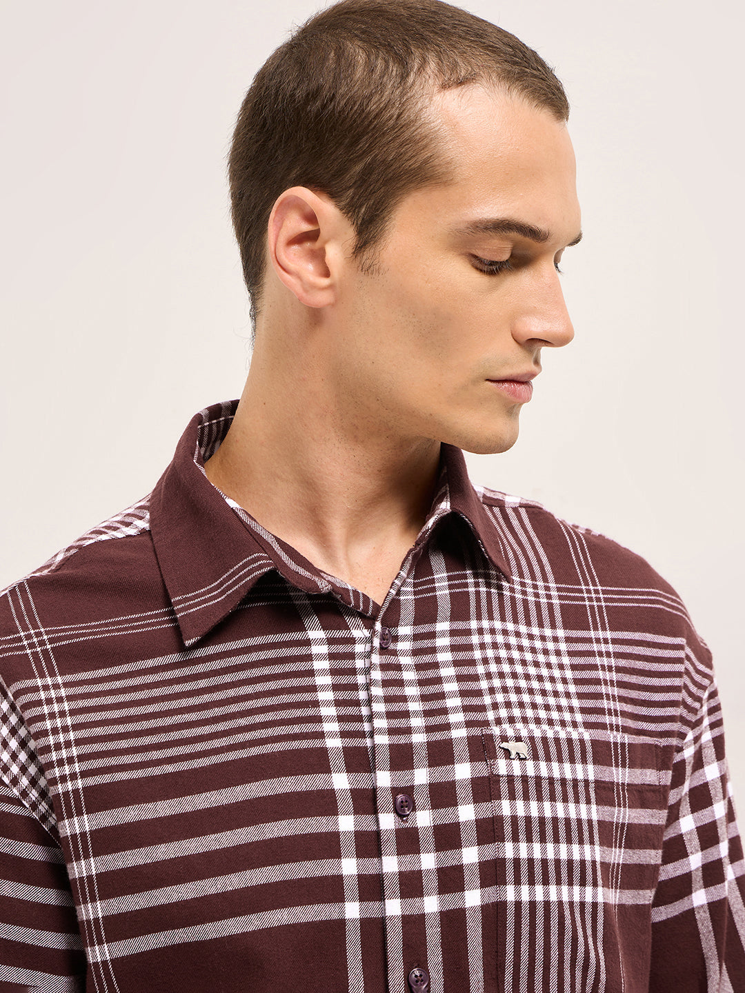 Men Maroon Tartan Checked Design Relaxed Fit Overshirt