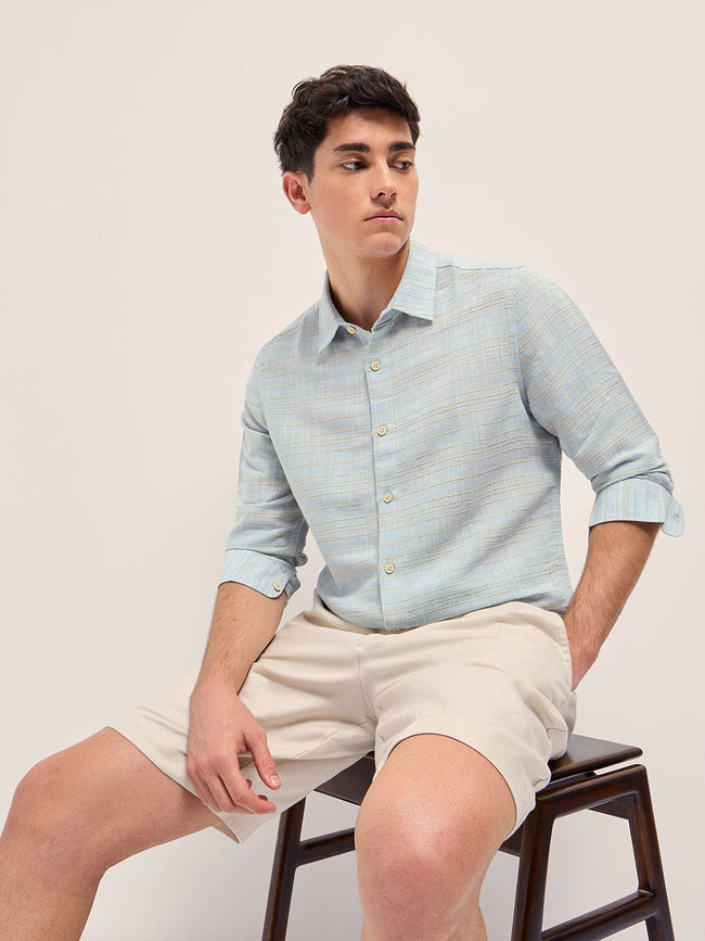 Men Light Blue Horizontal textured grid Slim Fit Casual Shirt