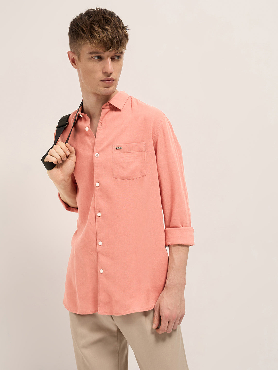 Men Orange Solid Lyocell Slim Fit Casual Shirt