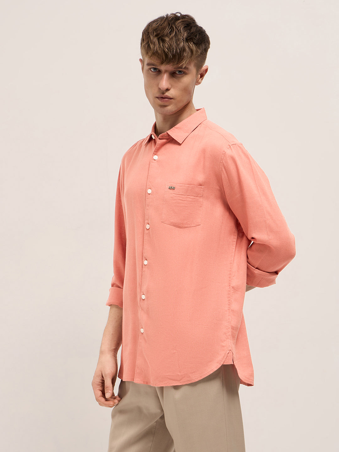 Men Orange Solid Lyocell Slim Fit Casual Shirt
