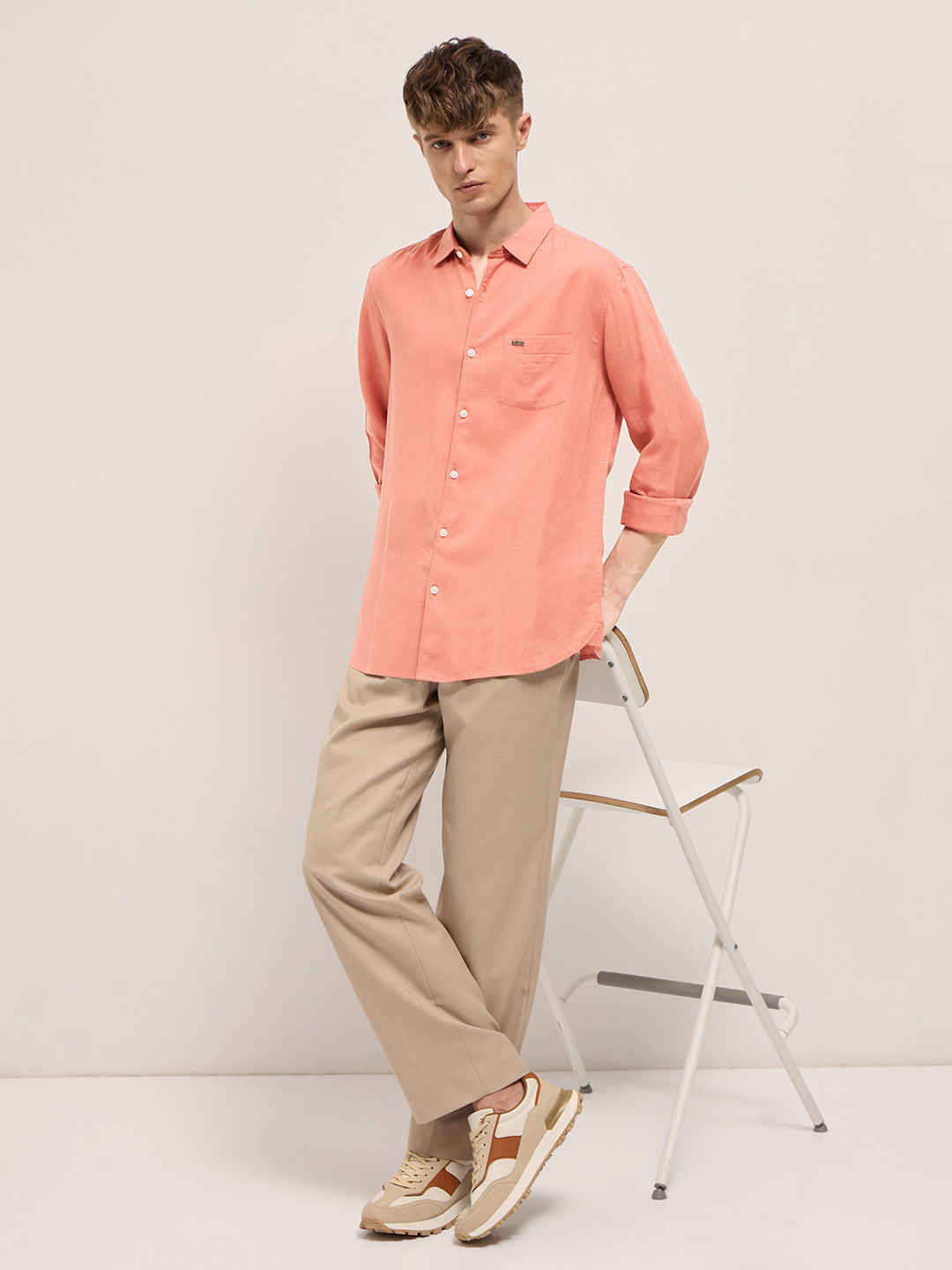 Men Orange Solid Lyocell Slim Fit Casual Shirt