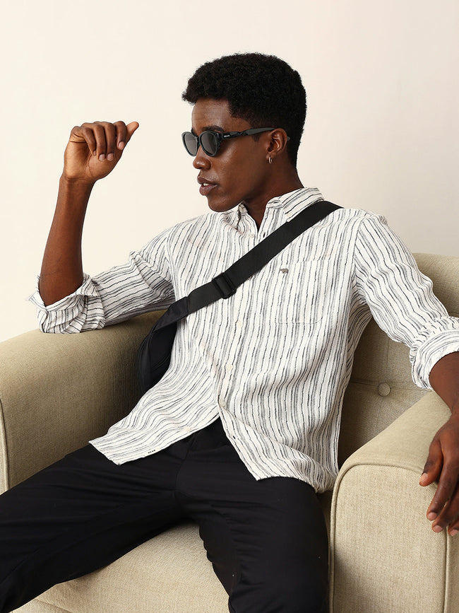 Men White Cotton Striped Shirt
