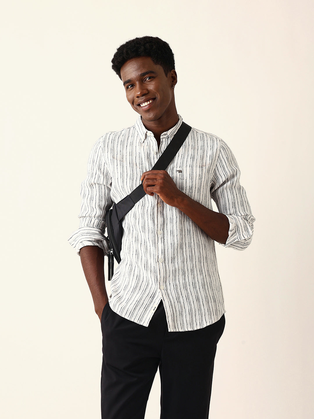 Men White Cotton Striped Shirt