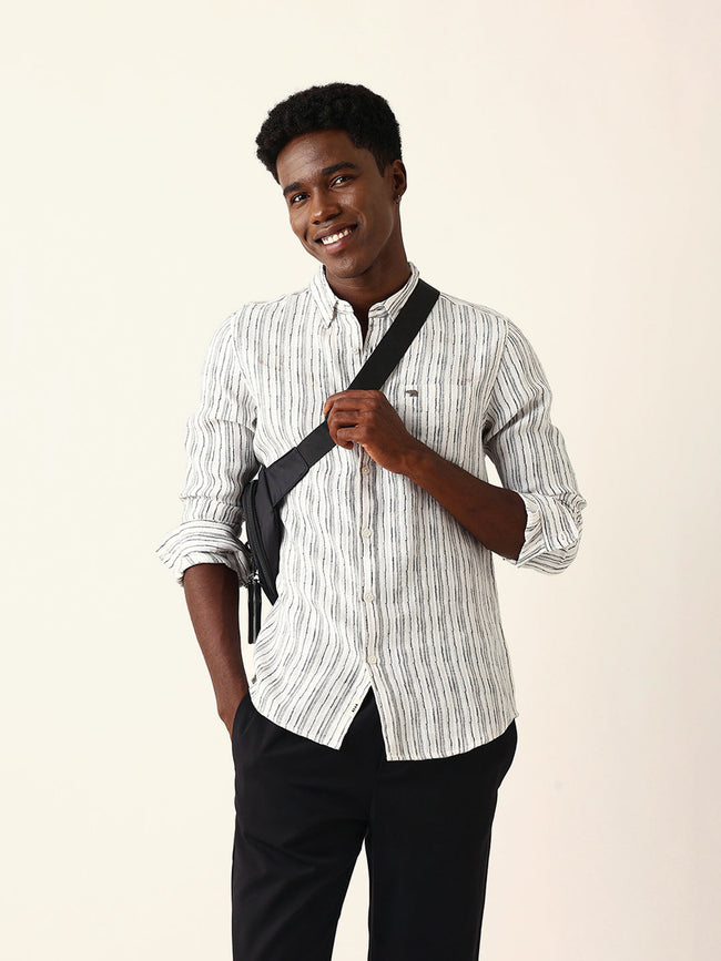 Men White Cotton Striped Shirt