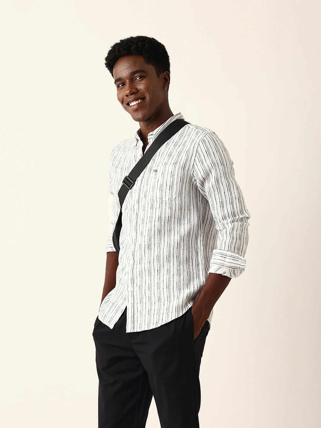 Men White Cotton Striped Shirt