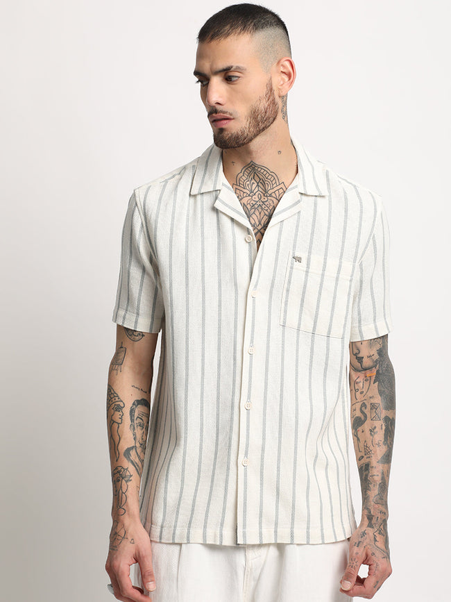 Men  Cream Stripe Regular Fit Casual Shirt