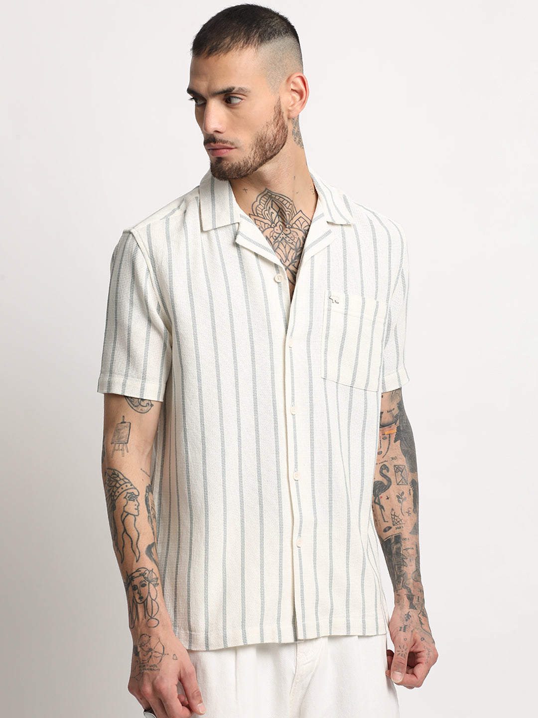 Men  Cream Stripe Regular Fit Casual Shirt