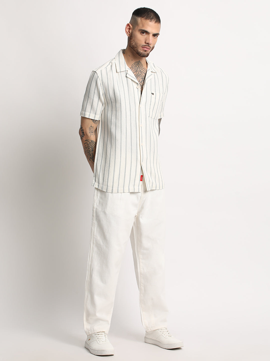 Men  Cream Stripe Regular Fit Casual Shirt