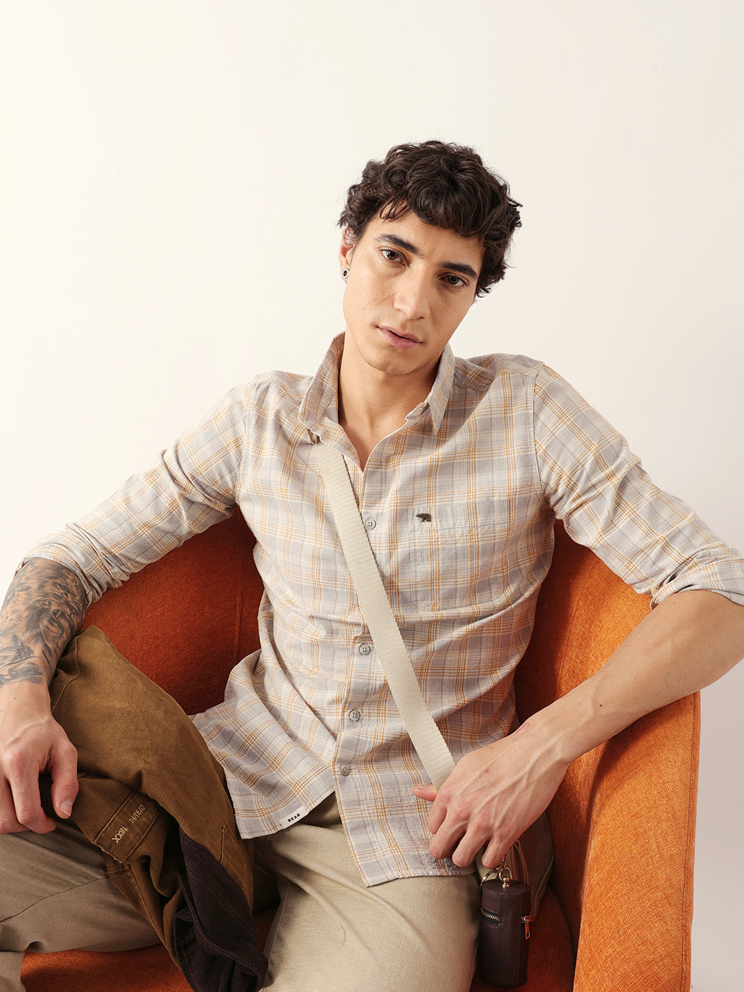 Men Grey Cotton Checked Shirt