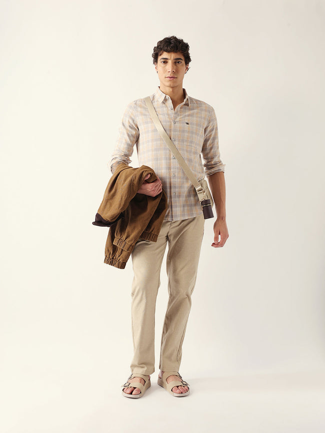 Men Grey Cotton Checked Shirt