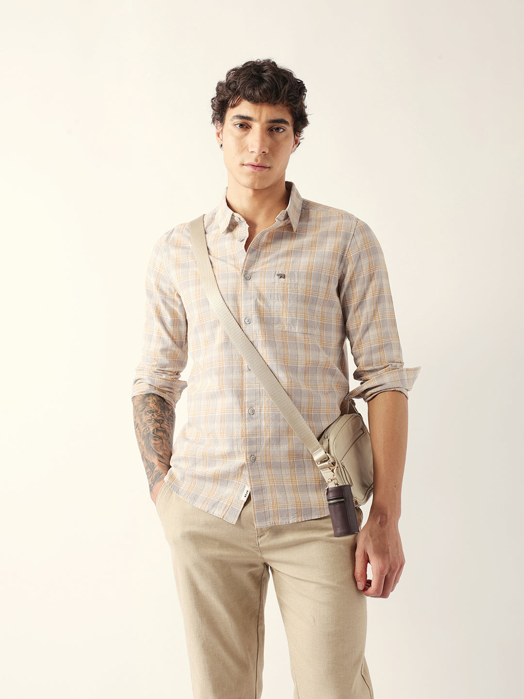 Men Grey Cotton Checked Shirt