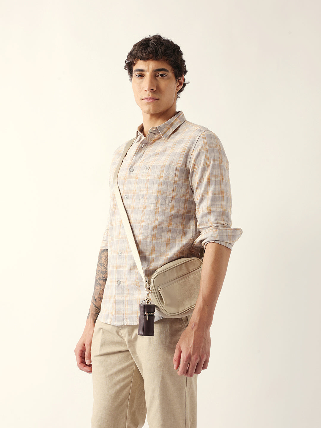 Men Grey Cotton Checked Shirt