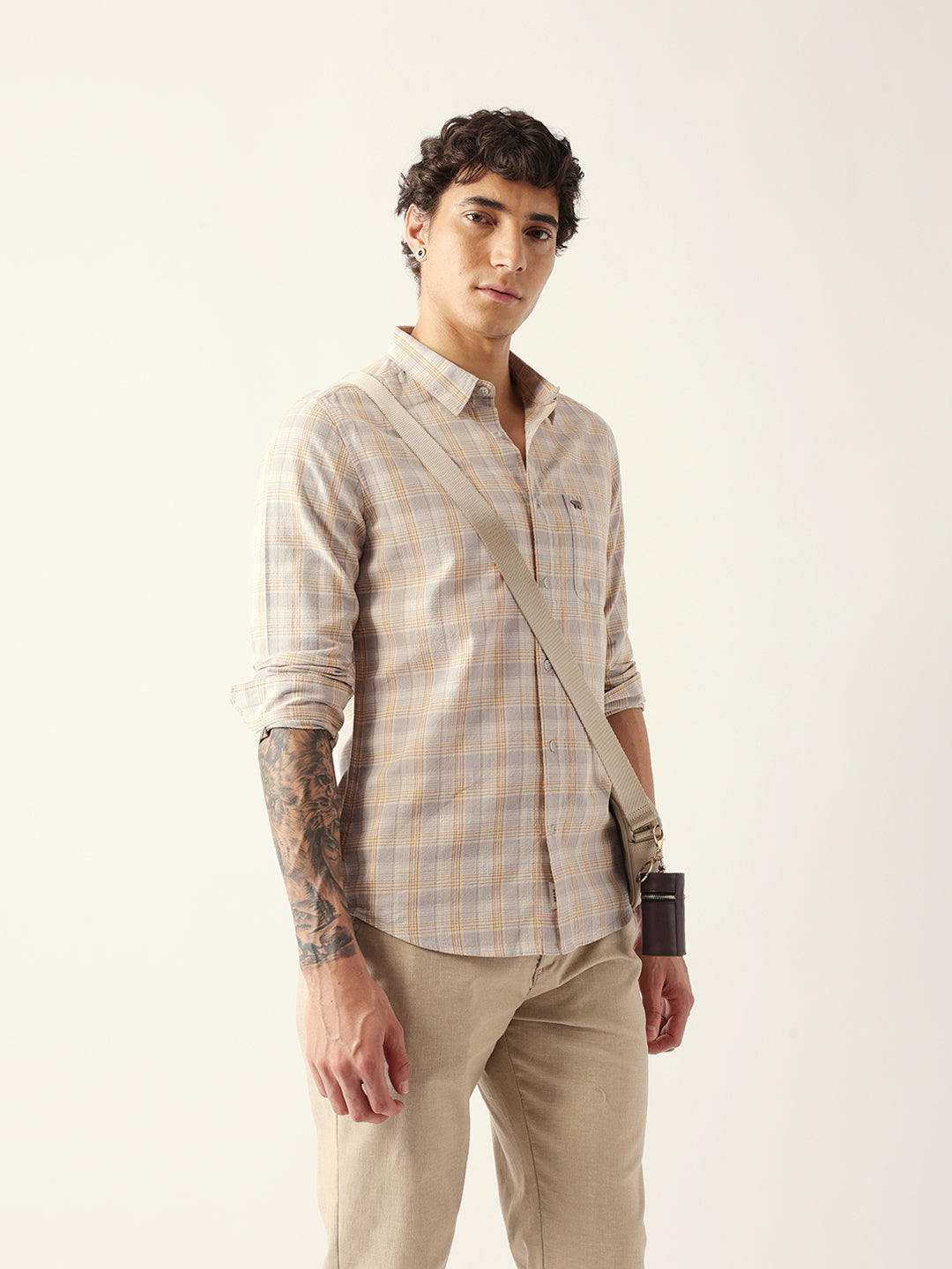 Men Grey Cotton Checked Shirt