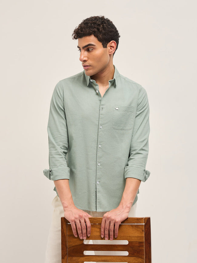 Men Light Green Cotton Linen Slim Fit Solid Casual Shirt