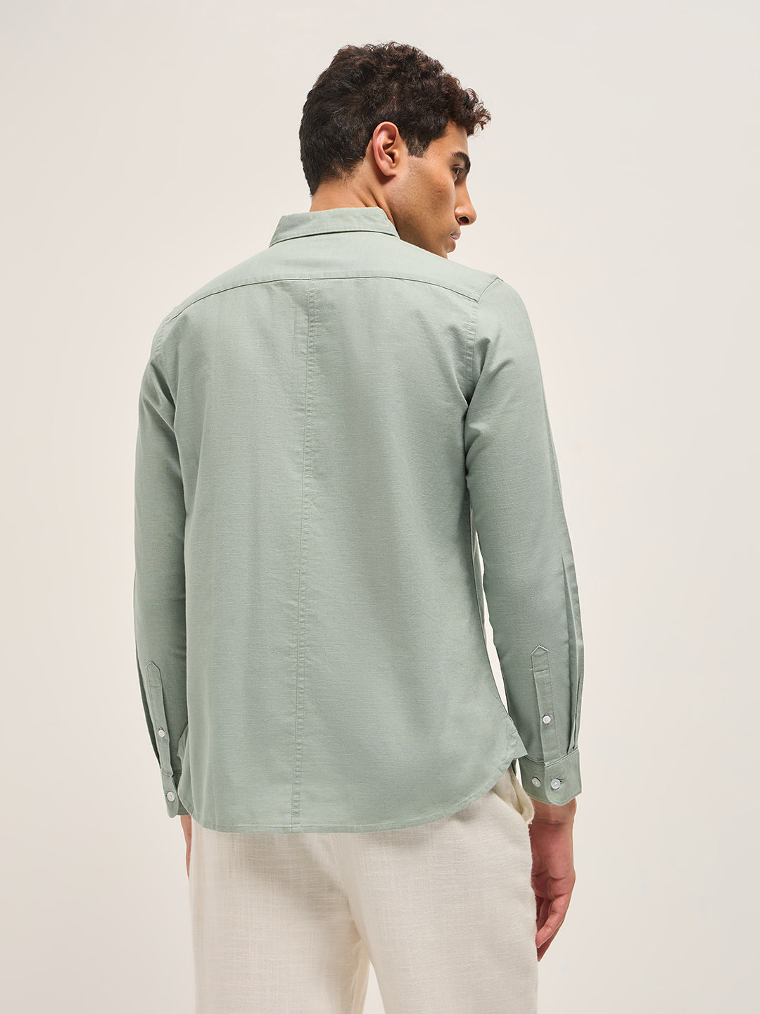 Men Light Green Cotton Linen Slim Fit Solid Casual Shirt
