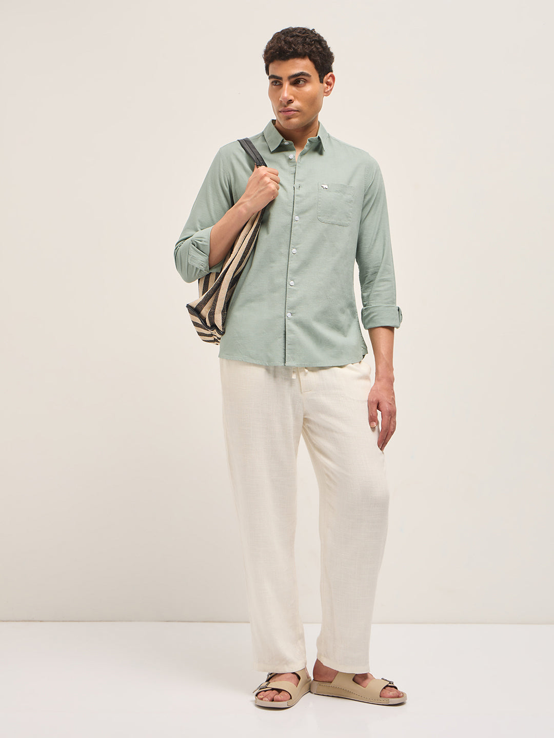 Men Light Green Cotton Linen Slim Fit Solid Casual Shirt