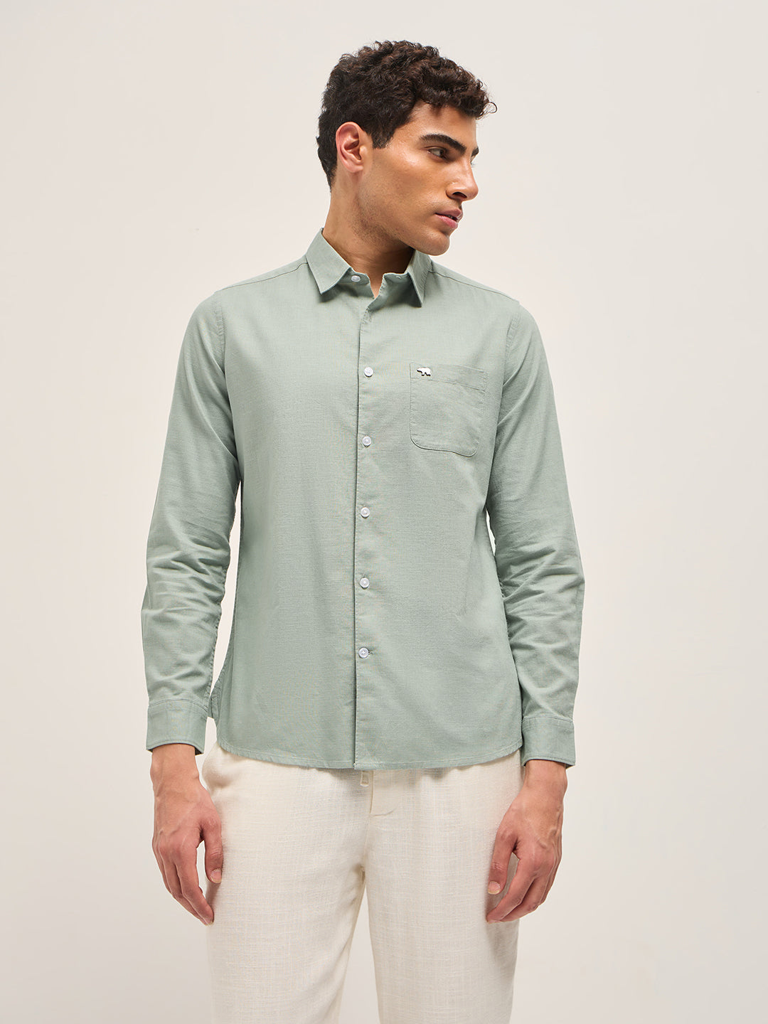 Men Light Green Cotton Linen Slim Fit Solid Casual Shirt