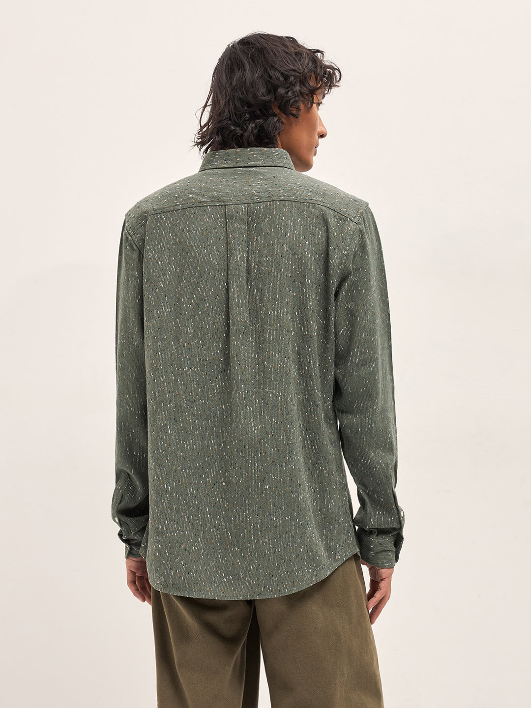Men Green Woven Pattern Cotton Blend Slim Fit Casual Shirt
