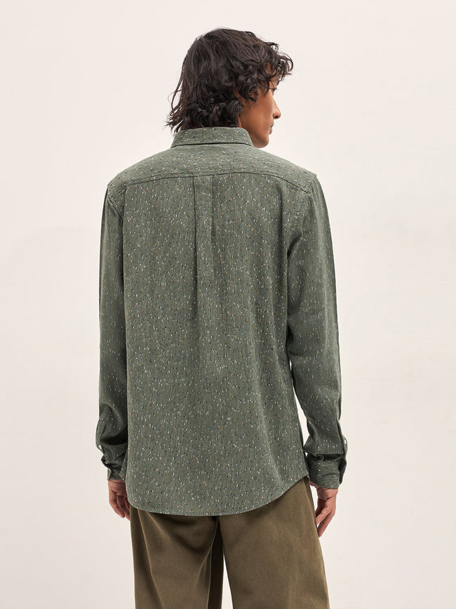 Men Green Woven Pattern Cotton Blend Slim Fit Casual Shirt